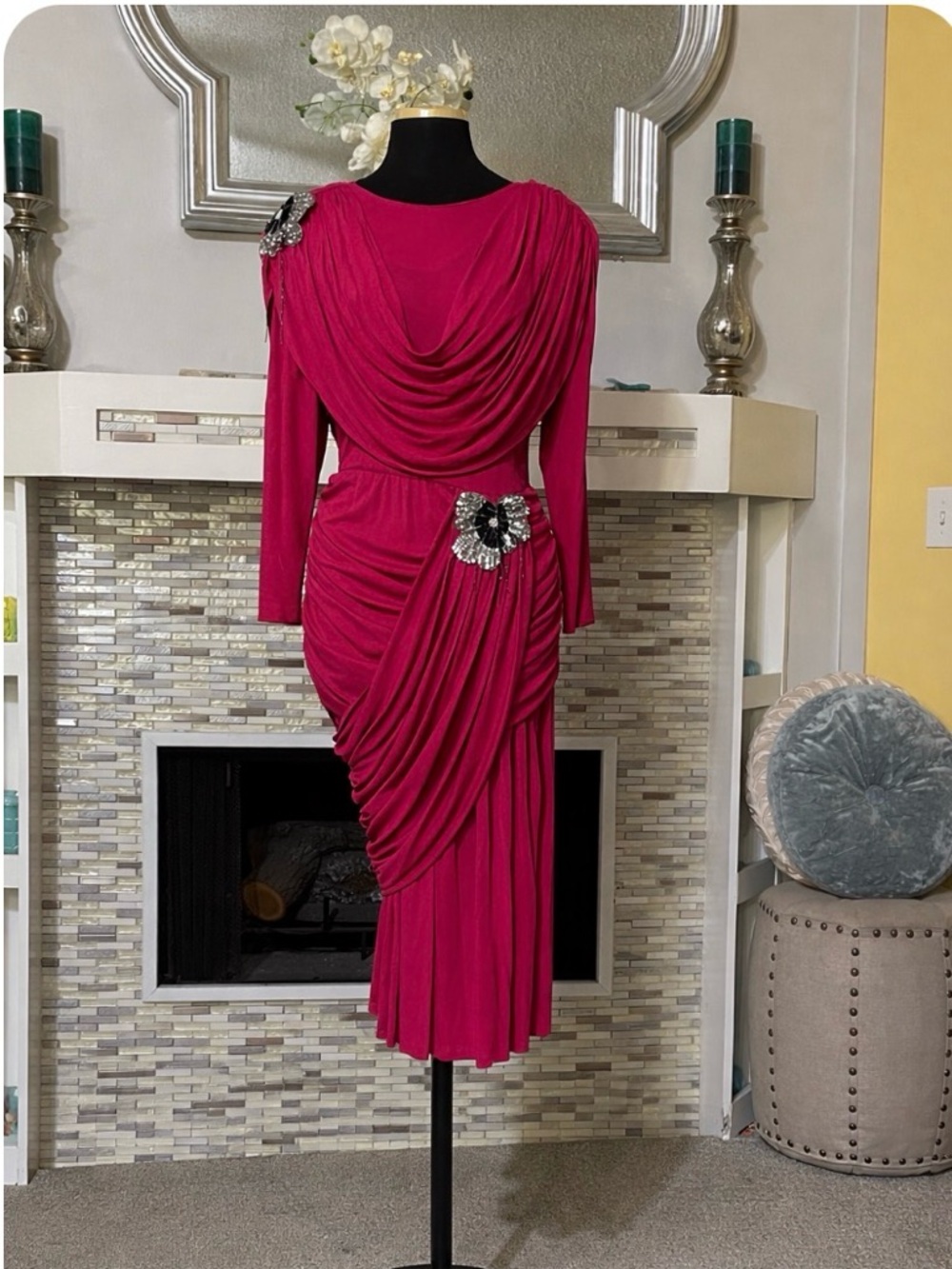 Vintage Caroline Draped Dress with side ruching with sequin Floral decor 42